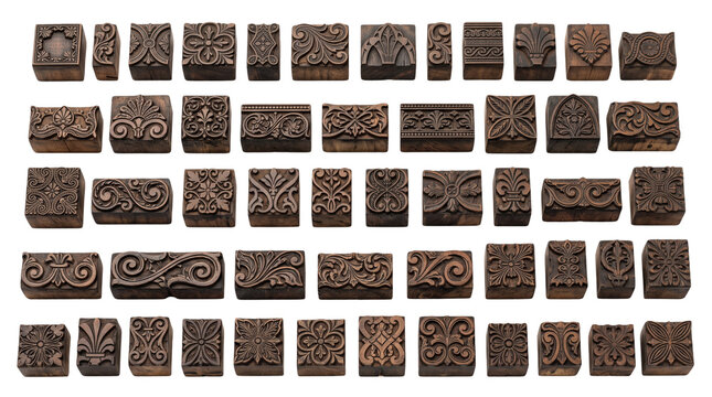 Vintage wooden printing blocks with floral carvings, antique wood stamps for textile patterns, 50 rustic hand-carved printing tools isolated PNG with Transparent Background