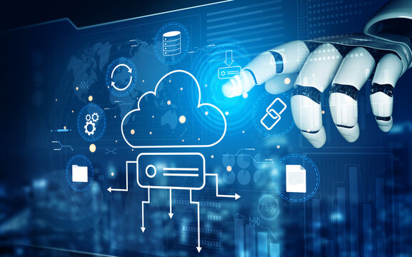 An AI managed cloud storage and data synchronization ecosystem. A concept of smart cloud computing for file storage, backup, and sharing. Motif