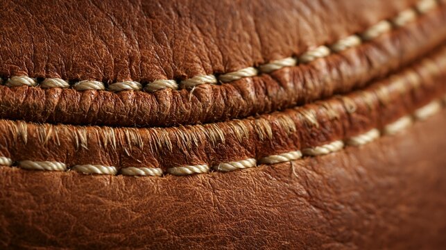Close up of brown leather shoe sole with detailed stitching and textured surface showing wear patterns