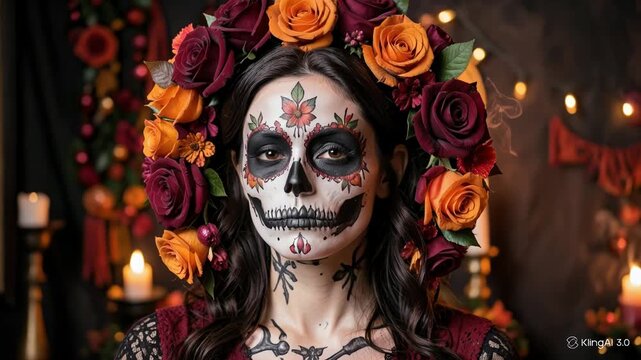 Portrait of the fiery Katerina, a woman in traditional Day of the Dead style, with detailed skull makeup