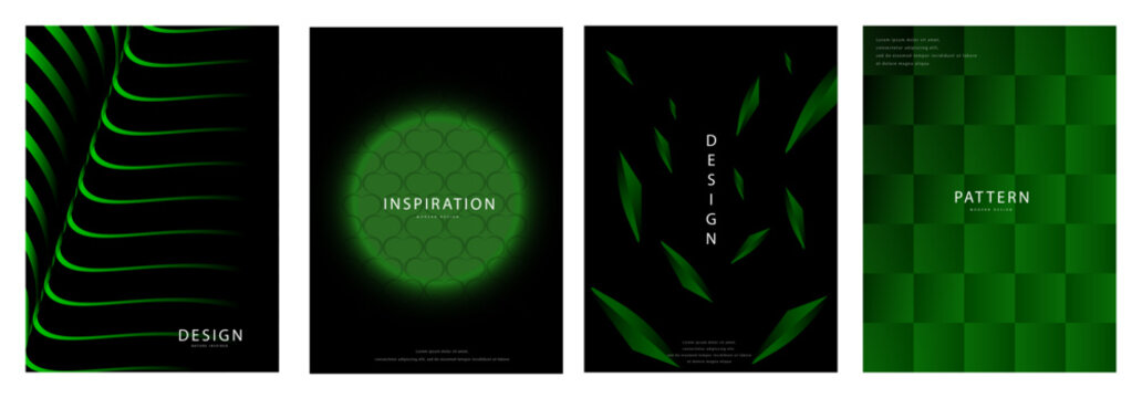 Green and black cover template set with 3d wavy lines glowing circle and floating crystal polygon shapes for modern poster brochure design
