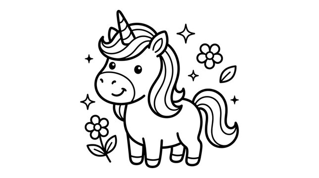 Cute little unicorn line art illustration for children coloring book page with flowers and magic stars