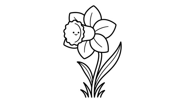A simple black and white line drawing of a single daffodil flower isolated on a white background