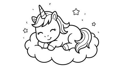 Fototapeta premium Cute cartoon unicorn sleeping peacefully on a fluffy cloud surrounded by small stars in a black and white line art style