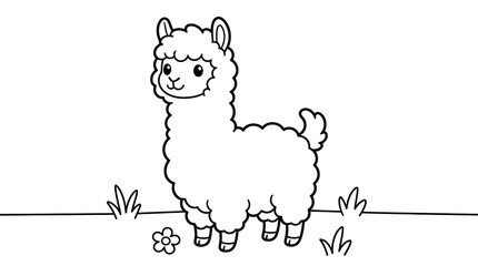 Naklejka premium A cute cartoon alpaca standing in a field of grass for children to color as a fun activity
