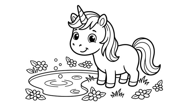 Cute little unicorn standing by a small pond with flowers in a simple black and white coloring page