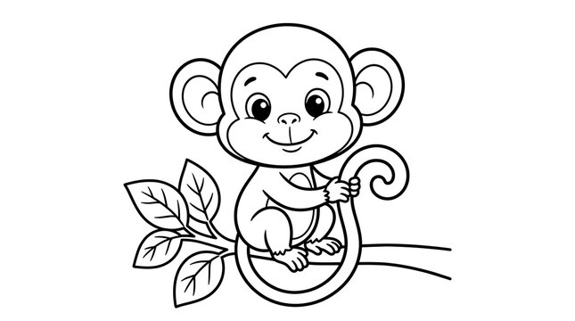Cute little monkey sitting on a tree branch black and white line art illustration for kids coloring page