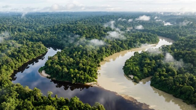 Aerial View of a Dramatic River Confluence in a Lush Tropical Rainforest