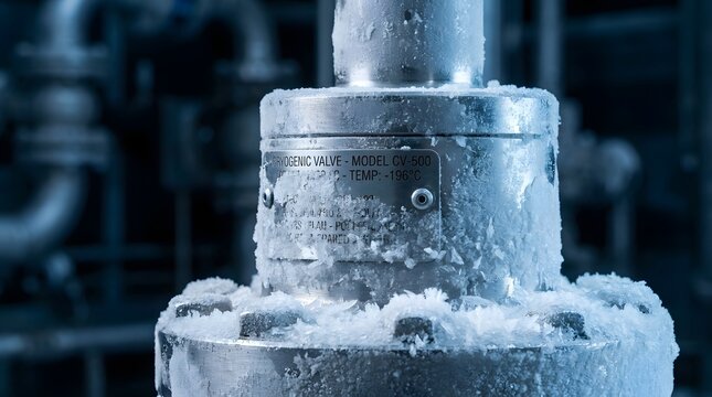 Freezing cold industrial valve covered in frost and ice crystals with background steel pipes in blue chilled HVAC facility