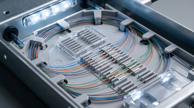 Interior details of an Optical Network Terminal box featuring fiber optic cables with connectors and LEDs illuminated inside a gray metal enclosure