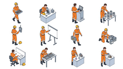Naklejka premium Construction workers performing various job site tasks.