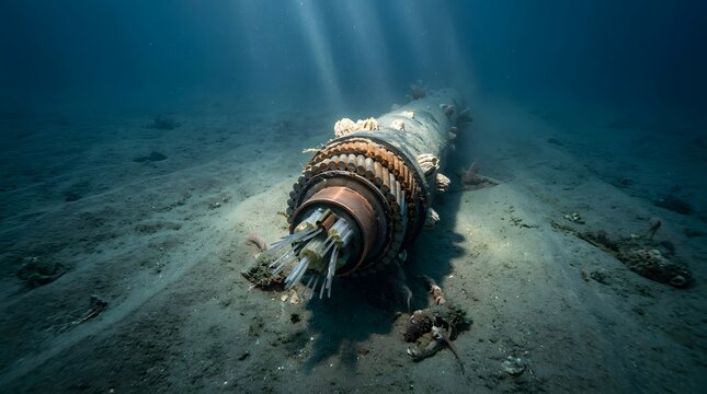 Underwater view of rusted sunken missile wreckage resting on sandy ocean floor with cyan sunbeams illuminating corroded metal in deep blue sea environment