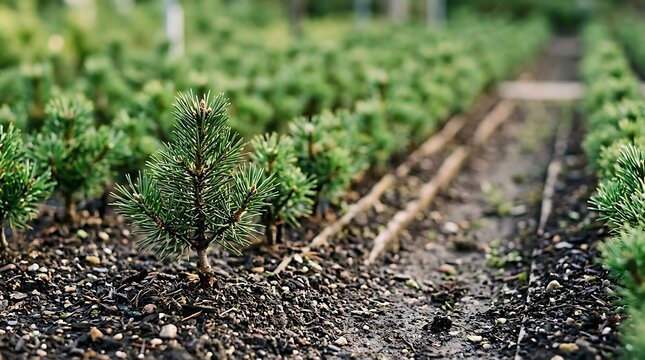 Small green pine saplings growing in rows in a nursery field with dark soil and blurred background