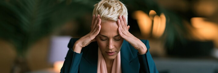 Fototapeta premium Wide portrait of a person with short platinum hair holding head in hands in green blazer for stress awareness background and wellbeing poster design