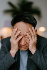 Fototapeta premium Middle aged asian man covering his eyes with hands appearing stressed and worried for mental health awareness or wellness background