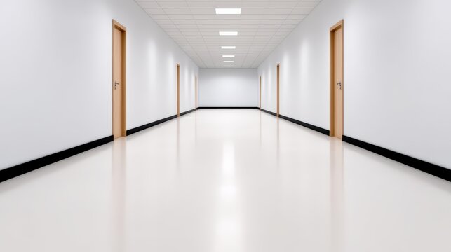 A long, empty corridor with white walls and ceiling, featuring wooden doors on both sides and bright overhead lighting.