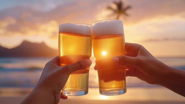 Two hands clinking glasses of cold beer together, celebrating on a sandy beach during a golden sunset