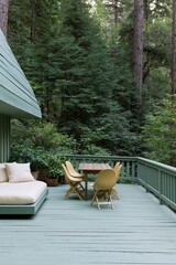 Naklejka premium Forest terrace deck with mint green painted wood outdoor lounge sofa and dining set for balcony background and nature retreat design