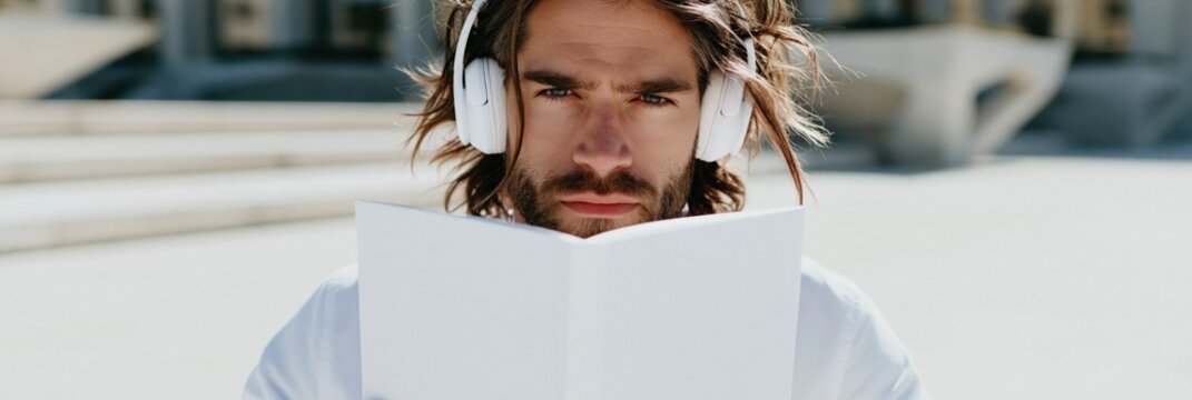 Young man with headphones reading a book outdoors on a minimal architectural background portrait for website banner and social media header design