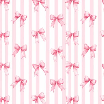 Seamless pattern with cute pink bows and vertical stripes on white background watercolor illustration