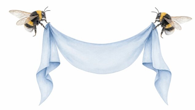 Two fluffy bumblebees holding a blue textile banner isolated on white background with textile cloth