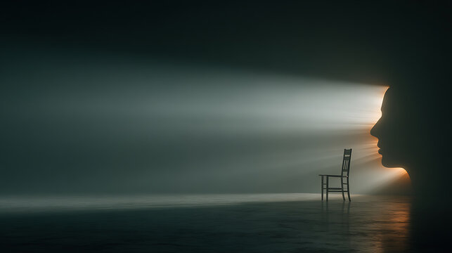 Conceptual silhouette of a person with a glowing mind facing an empty chair, symbolizing loneliness, isolation, anxiety, introspection, emotional healing, and the search for inner peace