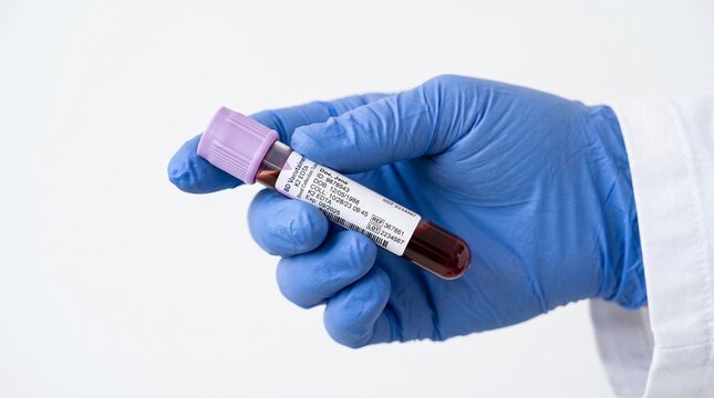 Gloved hand holding a blood collection test tube in a medical laboratory