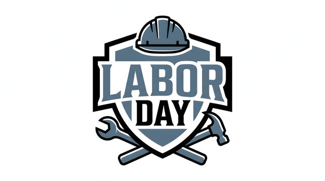 A professional labor day emblem featuring bold labor typography with construction tools and a hard hat icon design