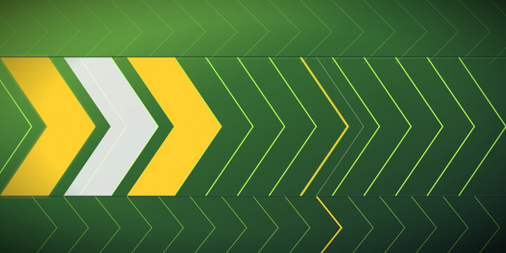Dynamic green chevron background with abstract geometric yellow arrows on transparent background