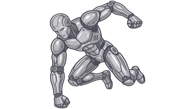 Metallic robot superhero in powerful dynamic landing pose isolated on transparent background abstract vector illustration 
