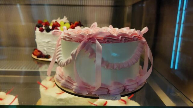 Beautifully decorated pink and white birthday cake slowly rotating on a stand in a bakery display case, with other fresh fruit desserts visible in the background of the pastry shop