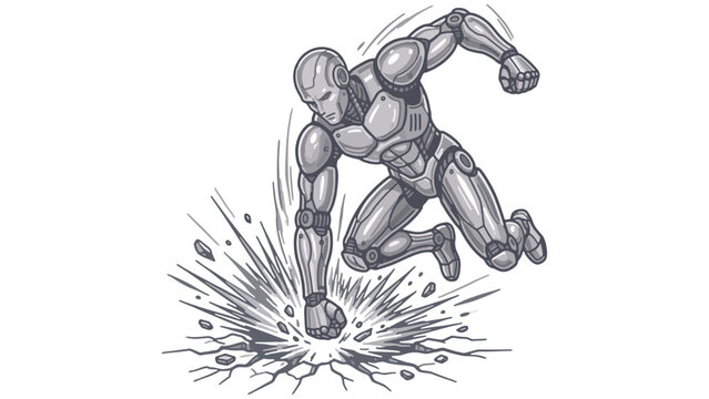  Robot superhero executing a powerful ground smash landing impact isolated on transparent background abstract vector illustration 