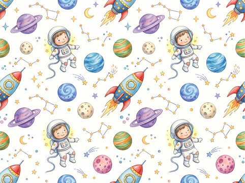 Seamless Storybook Watercolor Space Exploration Pattern with Astronaut
