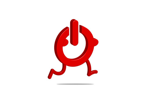 Red 3D power button icon running with legs on white background