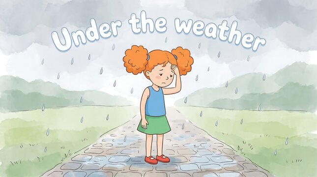 Under the weather idiom illustration, sick girl standing in rain, sad child with headache in stormy landscape, watercolor style health concept