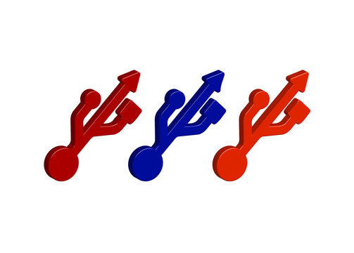 Three colorful 3D usb cable connection symbols with red and blue
