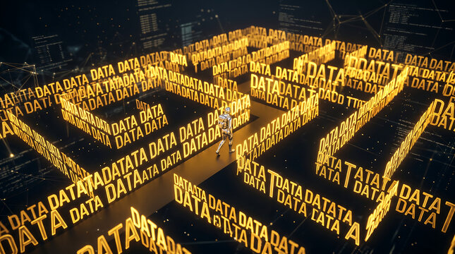 Futuristic humanoid robot navigating through a complex maze of glowing golden digital data words in cyberspace