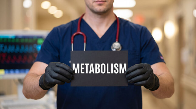 Doctor in scrubs holding metabolism sign card with stethoscope in blurred hospital corridor setting
