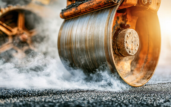 Road roller compacting hot asphalt with rising steam
