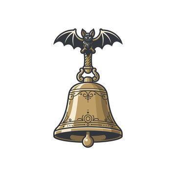 Gothic vintage metal church bell with bat ornament, retro spooky Halloween witchcraft decor, dark fantasy illustration isolated on White Background editable SVG