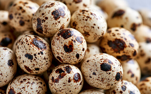 Close up many speckled quail eggs