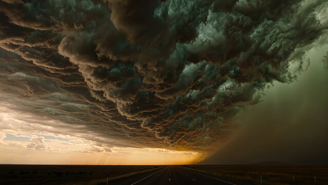 Rare Undulatus Asperitas Storm Clouds Formation At Sunset Highway