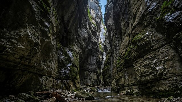 Deep Narrow Rocky Gorge with a Flowing Stream and Mossy Cliffs
