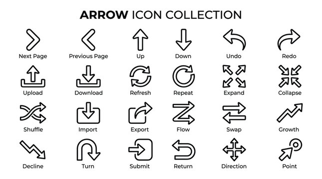 Arrow icon collection contains versatile black line directional symbols including next page previous page redo and undo for modern interface navigation.