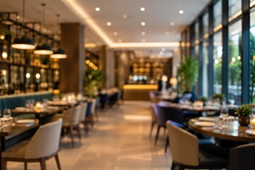 Fototapeta premium Blurred interior view of a high-end restaurant dining room featuring tables and chairs. Soft ambient lighting creates a warm atmosphere in this upscale hospitality setting.