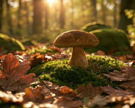 porcini mushroom growing in vibrant green moss, warm golden morning sunlight