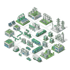 Fototapeta premium Isometric Green Industrial Complex with Vehicles and Factories.