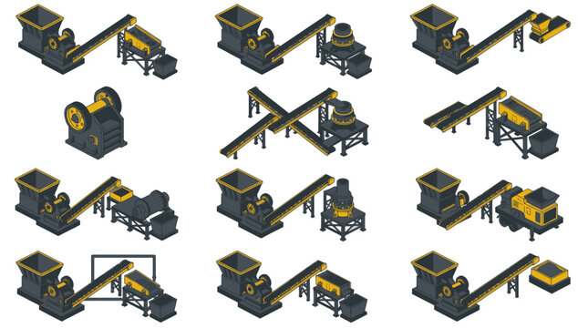 Industrial machinery and conveyor systems in isometric view.