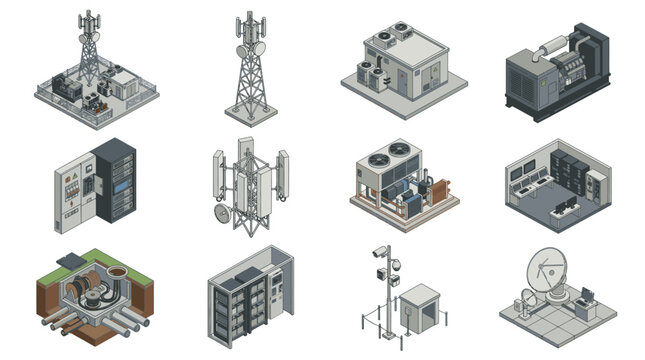Isometric illustrations of various communication and industrial structures.