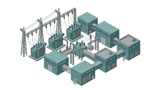 Isometric view of electrical substation with transformers and power lines.